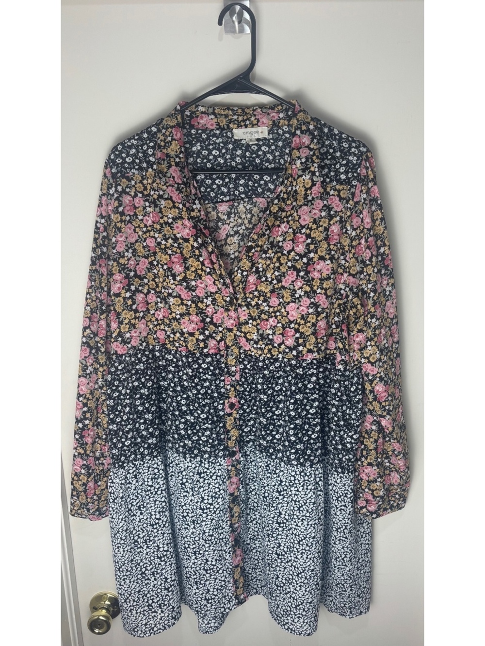 Umgee XL Floral Patchwork Shirt Dress Boho Cottagecore Button Front Tunic